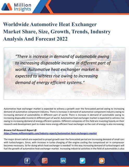 Automotive Heat Exchanger Market Growth, Opportunities, Share's, Industry Applications, Analysis and Forecast To 2022