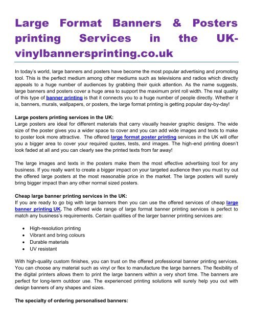 Large Format Banners &amp; Posters printing Services in the UK vinylbannersprinting.co.uk
