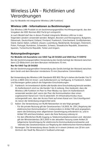 Sony SVT1112S1E - SVT1112S1E Documents de garantie Allemand