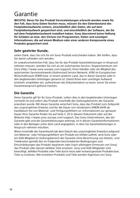 Sony SVT1112S1E - SVT1112S1E Documents de garantie Allemand