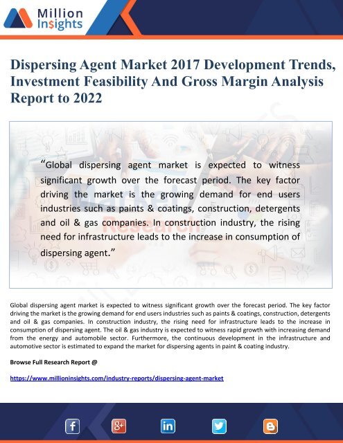 Dispersing Agent Market 2017 Development Trends,  Investment Feasibility And Gross Margin Analysis Report to 2022