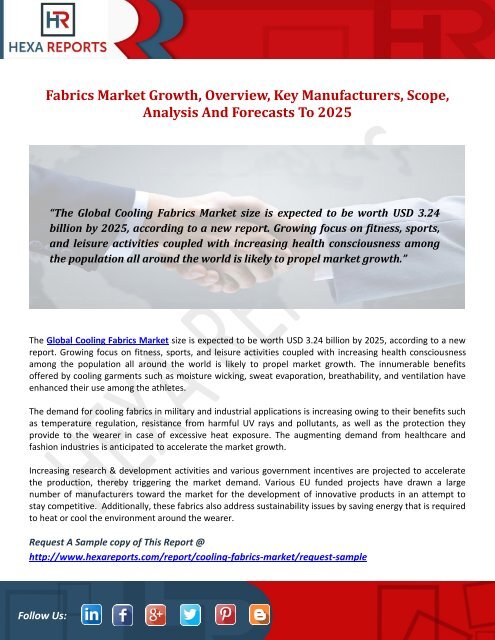 Cooling Fabrics Market Growth, Overview, Key Manufacturers, Scope, Analysis And Forecasts To 2025