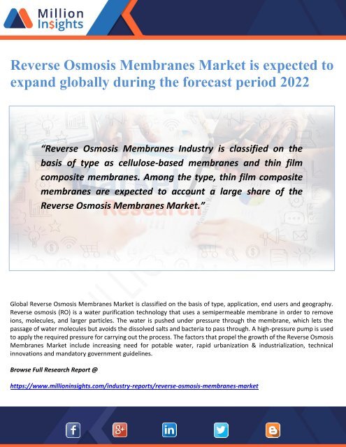 Reverse Osmosis Membranes Market is expected to expand globally during the forecast period 2022