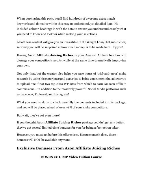 Azon Affiliate Juicing Riches review - Azon Affiliate Juicing Riches $27,300 bonus & discount