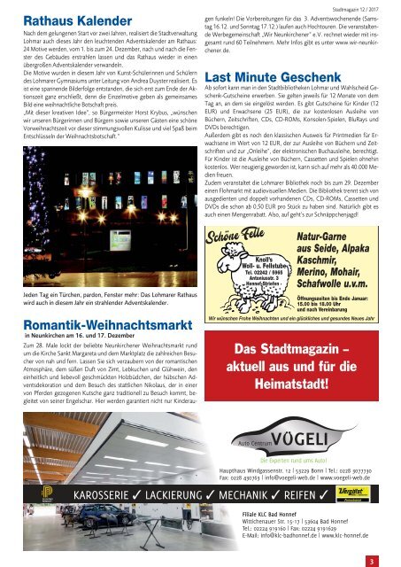 Stadtmagazin für Siegburg, Lohmar und Neunkirchen-Seelscheid, Ausgabe 12 / Dez. 2017 - Jan.  2018