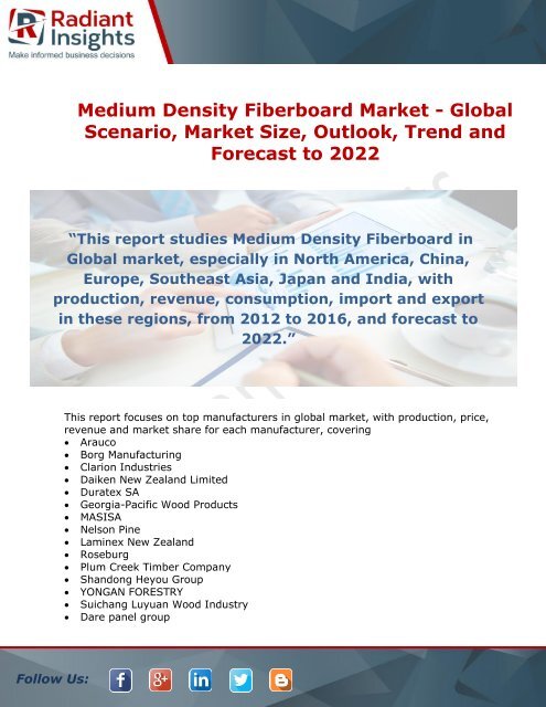 Medium Density Fiberboard Market: Scenario, Market Size, Outlook, Trend and Forecast to 2022