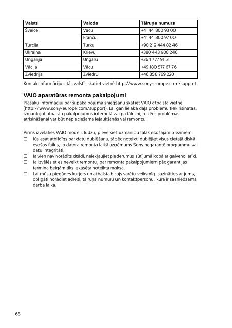 Sony SVT1112S1E - SVT1112S1E Documents de garantie Letton