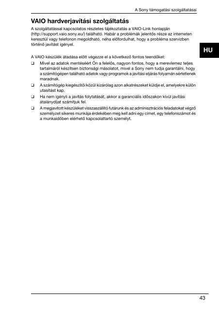Sony VPCP11S1E - VPCP11S1E Documents de garantie Hongrois