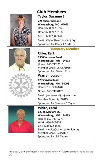 Rotary Club of Warrensburg - DIRECTORY 2016-2017