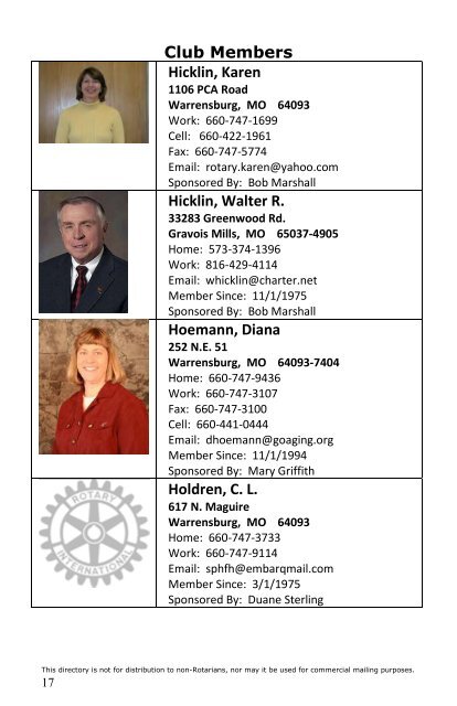 Rotary Club of Warrensburg - DIRECTORY 2016-2017