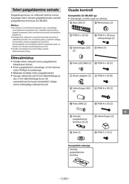 Sony KDL-55W807C - KDL-55W807C Informations d'installation du support de fixation murale Estonien