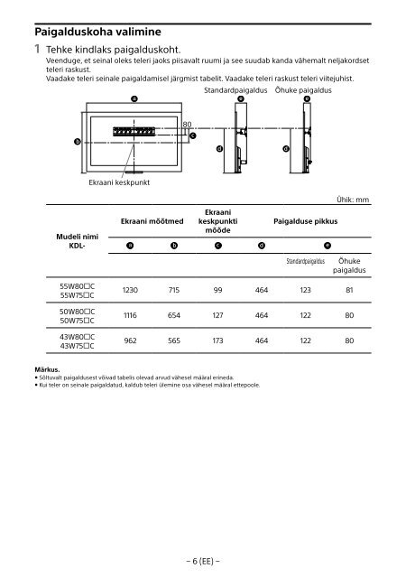 Sony KDL-55W807C - KDL-55W807C Informations d'installation du support de fixation murale Estonien