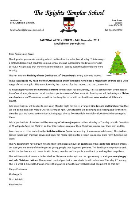 Parental Bulletin 14 December 2017