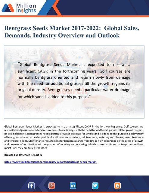 Bentgrass Seeds Market 2017-2022  Global Sales, Demands, Industry Overview and Outlook