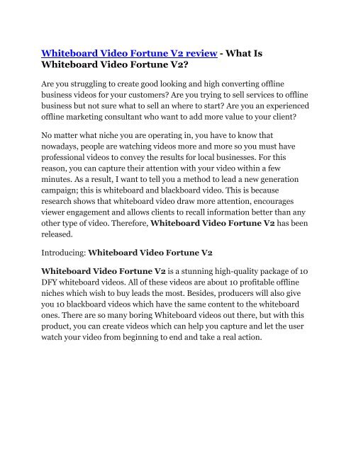 Whiteboard Video Fortune V2 review and Whiteboard Video Fortune V2 $22,700 Bonus