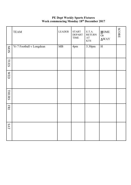 Fixtures 18 Dec