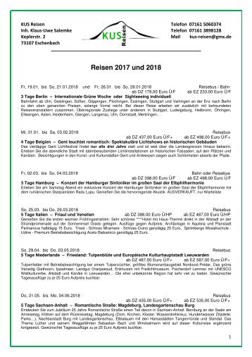 REISEN, KREUZFAHRTEN und TAGESFAHRTEN 2018 - KUS Reisen 73107 Eschenbach