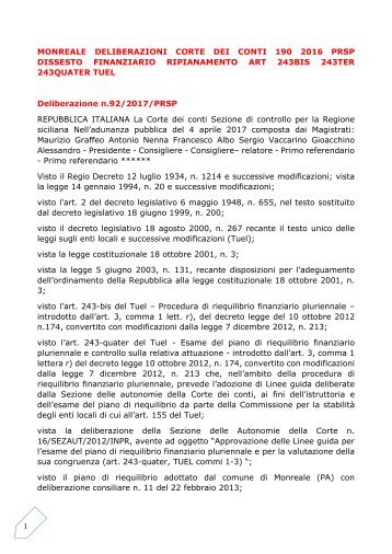 MONREALE DELIBERAZIONI CORTE DEI CONTI 190 2016 PRSP  DISSESTO FINANZIARIO RIPIANAMENTO ART 243BIS 243TER 243QUATER TUEL
