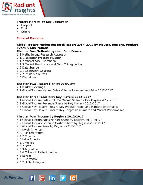 Global Trocars Market Research Report - By Players, Regions, Product Types And Applications 2017-2022