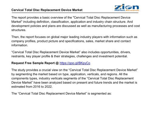 Global Cervical Total Disc Replacement Device Market, 2016–2024