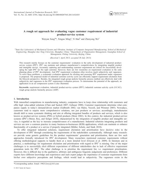 A rough set approach for evaluating vague customer requirement of industrial product-service system_Wenyan Songa