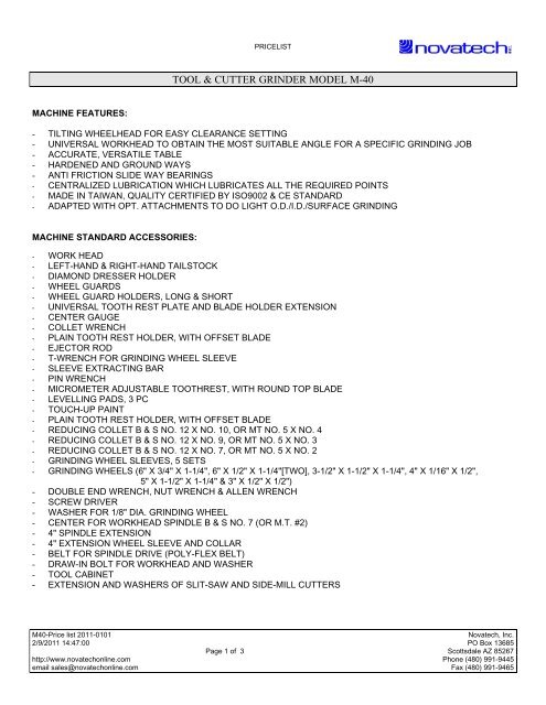 M40 Tool Grinder Price List - Novatech Inc.