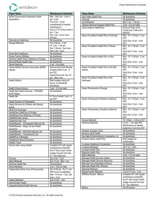 Payer Maintenance Schedule - Emdeon