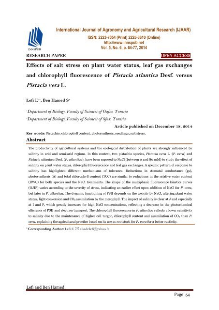 Effects of salt stress on plant water status, leaf gas exchanges and chlorophyll fluorescence of Pistacia atlantica Desf. versus Pistacia vera L.