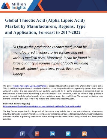 Thioctic Acid (Alpha Lipoic Acid) Market Share and Size | Industry Research Report by 2017-2022