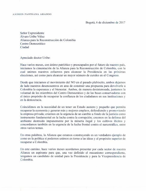 Carta del Expresidente Andrés Pastrana al Expresidente Álvaro Uribe