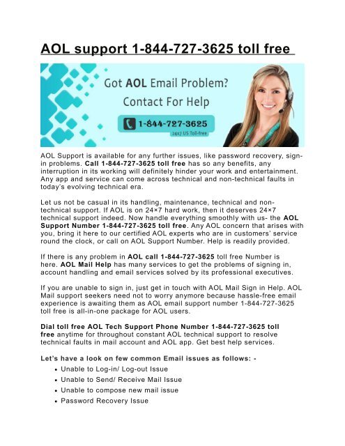 Aol email customer service 1-844-727-3625 toll free