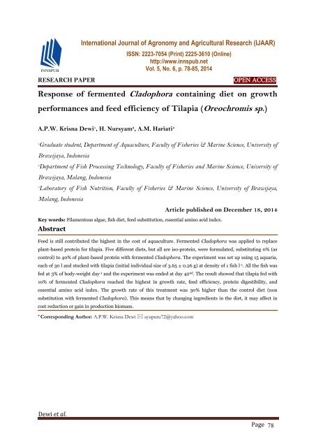 Response of fermented Cladophora containing diet on growth performances and feed efficiency of Tilapia (Oreochromis sp.)