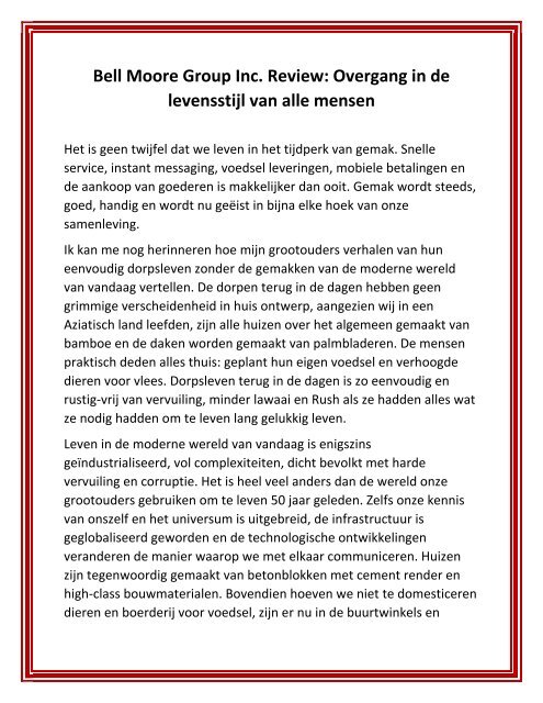 Bell Moore Group Inc. Review: Overgang in de levensstijl van alle mensen