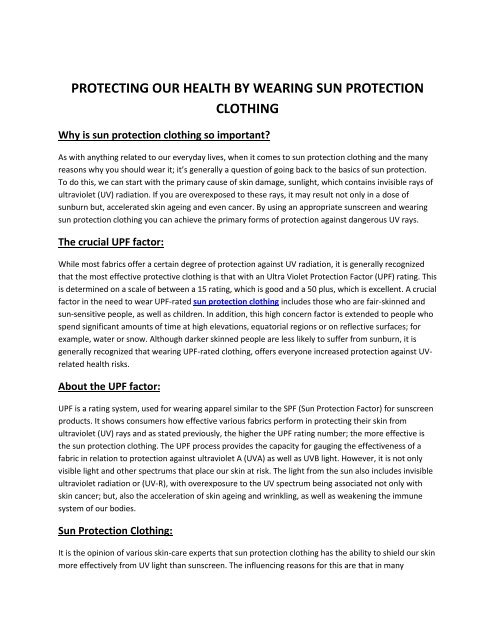 PROTECTING OUR HEALTH BY WEARING SUN PROTECTION CLOTHING