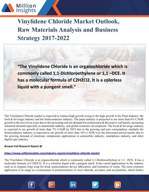 Vinylidene Chloride Market Outlook, Raw Materials Analysis and Business Strategy 2017-2022