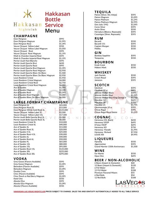 Hakkasan Bottle Service Menu Prices for Champagne & Liquor