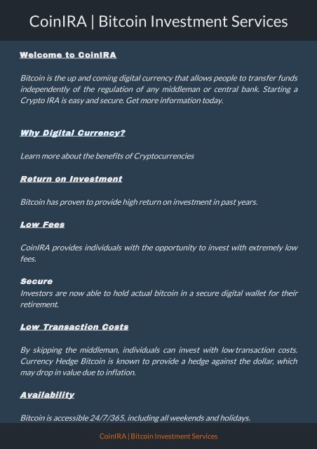 CoinIRA - Bitcoin Investment Services