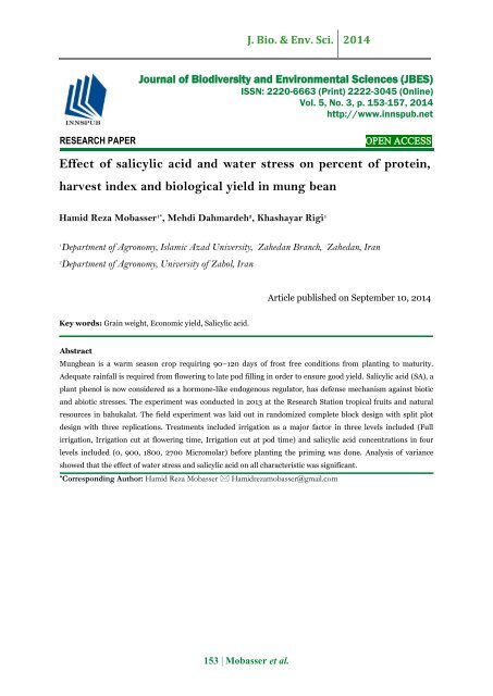 Effect of salicylic acid and water stress on percent of protein, harvest index and biological yield in mung bean