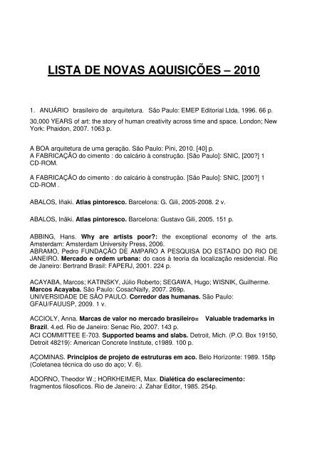 lista de novas aquisições – 2010 - Escola de Arquitetura – UFMG