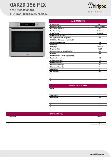 KitchenAid OAKZ9 156 P IX - OAKZ9 156 P IX FL (859991541840) Scheda Prodotto