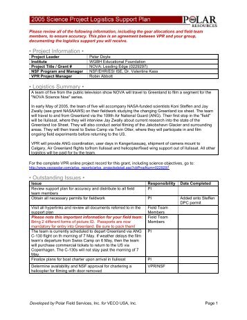 Project Information • • Logistics Summary - CH2M HILL Polar Services