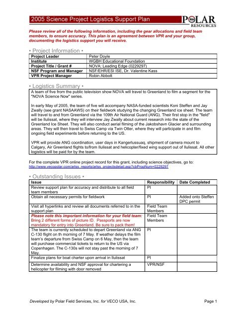 Project Information • • Logistics Summary - CH2M HILL Polar Services