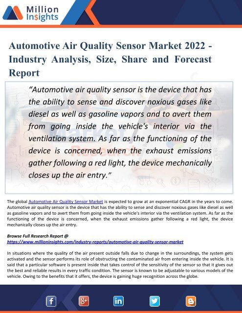 Automotive Air Quality Sensor Market 2022 - Industry Analysis, Size, Share and Forecast Report