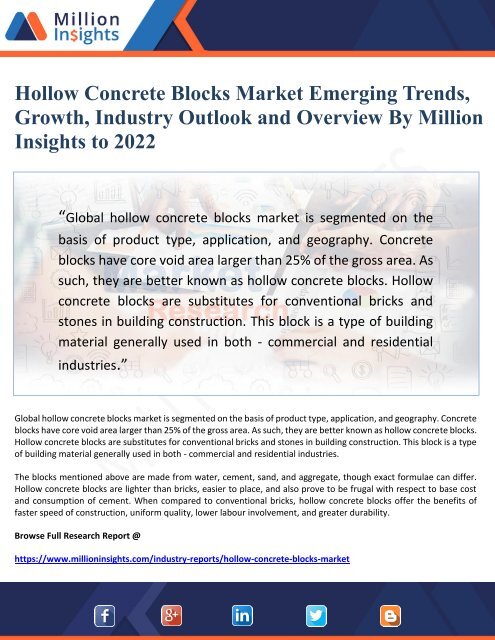 Hollow Concrete Blocks Market Emerging Trends, Growth, Industry Outlook and Overview By Million Insights to 2022