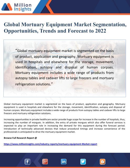 Global Mortuary Equipment Market Segmentation, Opportunities, Trends and Forecast to 2022