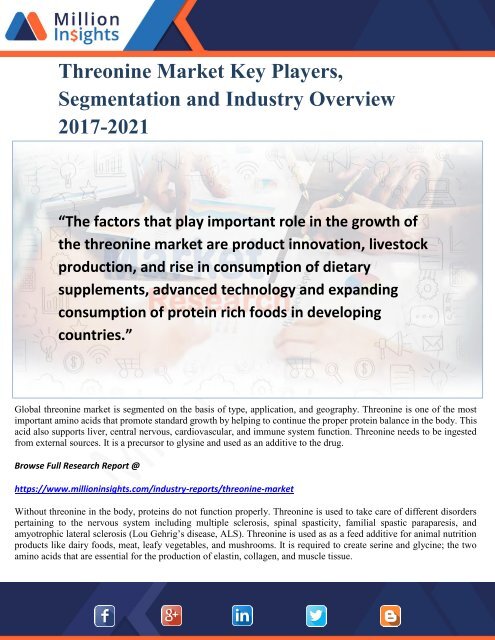 Threonine Market Key Players, Segmentation and Industry Overview 2017-2021