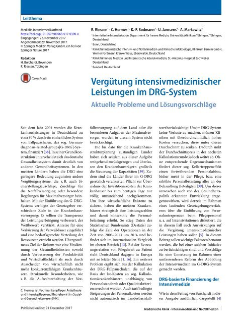 Vergütung intensimedizinischer Leistungen im DRG-System