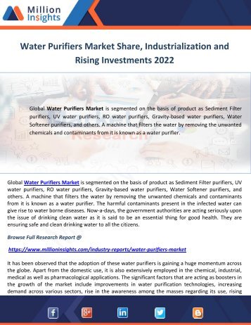 Water Purifiers Market Share, Industrialization and Rising Investments 2022
