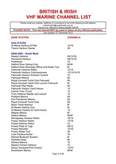 BRITISH &amp; IRISH VHF MARINE CHANNEL LIST - Coastal Radio