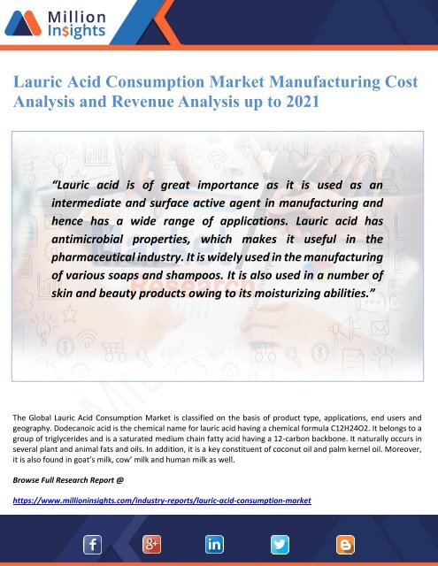 Lauric Acid Consumption Market Manufacturing Cost Analysis and Revenue Analysis up to 2021